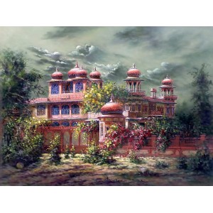 Hanif Shahzad, Mohatta Palace III - Karachi, 27 x 36 Inch, Oil on Canvas, Landscape Painting, AC-HNS-099